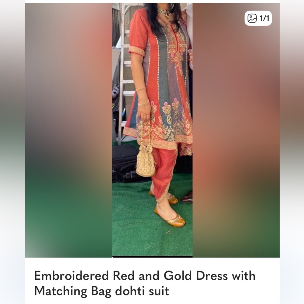 Embroidered Red and Gold Traditional Dohti Suit with Matching Bag